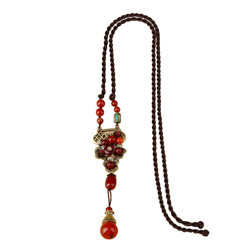 

Vintage Red Agate Pendant Alloy Long Necklace