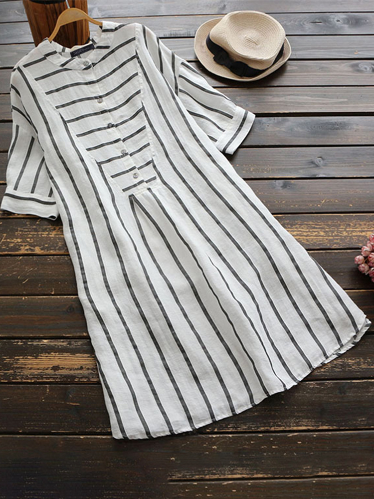 

Short Sleeve Button Stripe Casual Shirt Dress