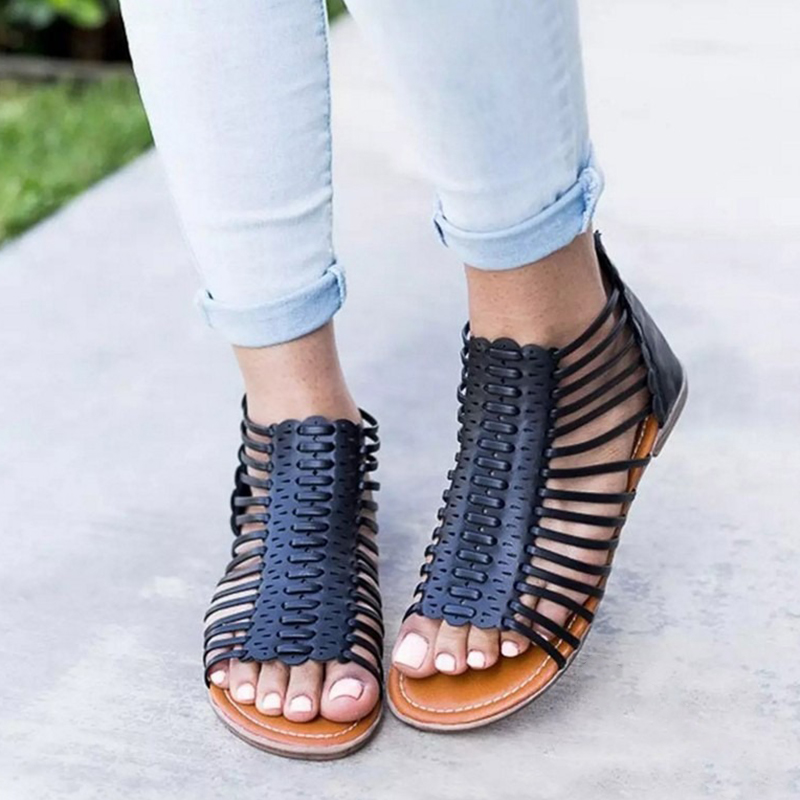 

US Size 5-12 Roman Hollow Out Zipper Peep Toe Flat Sandals