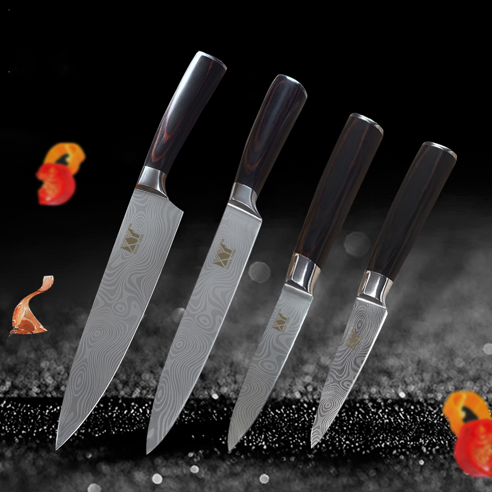 

4Pcs XYj Kitchen 7Cr17 Утилита для шеф-повара из нержавеющей стали Набор ножей из нержавеющей стали Paring Utility Шеф-повар Slicing Knife цвет Wood Hand
