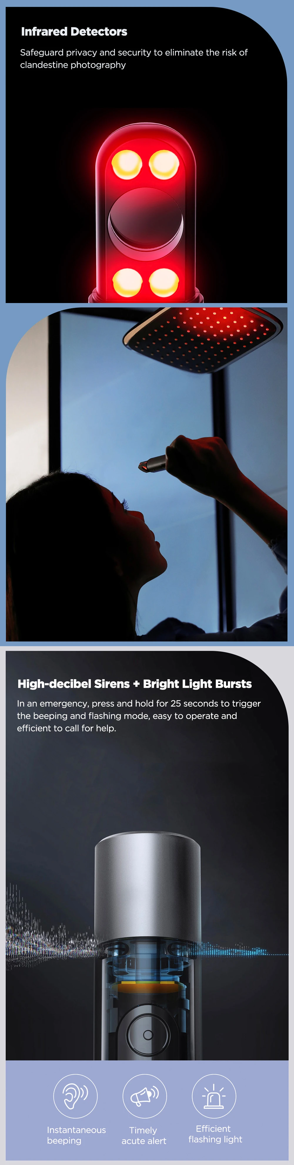 Alarm Flashlight Infrared Scanners Camera Detector Emergency Survival Alert Type-C Rechargeable LED Mini Pocket