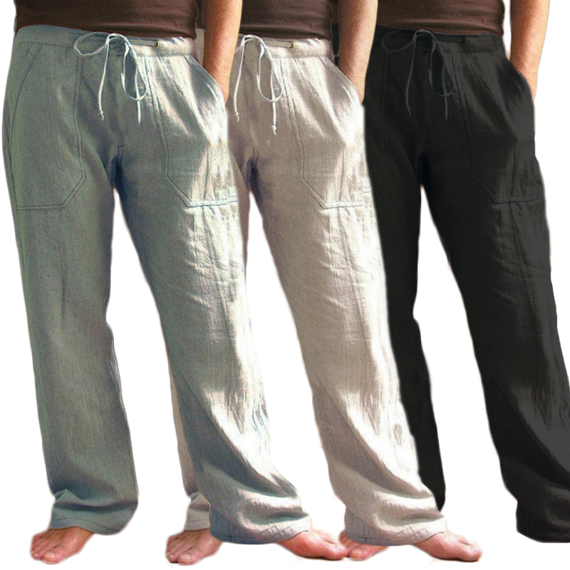 Men's cotton linen straight pants casual loose trouser elastic waist ...