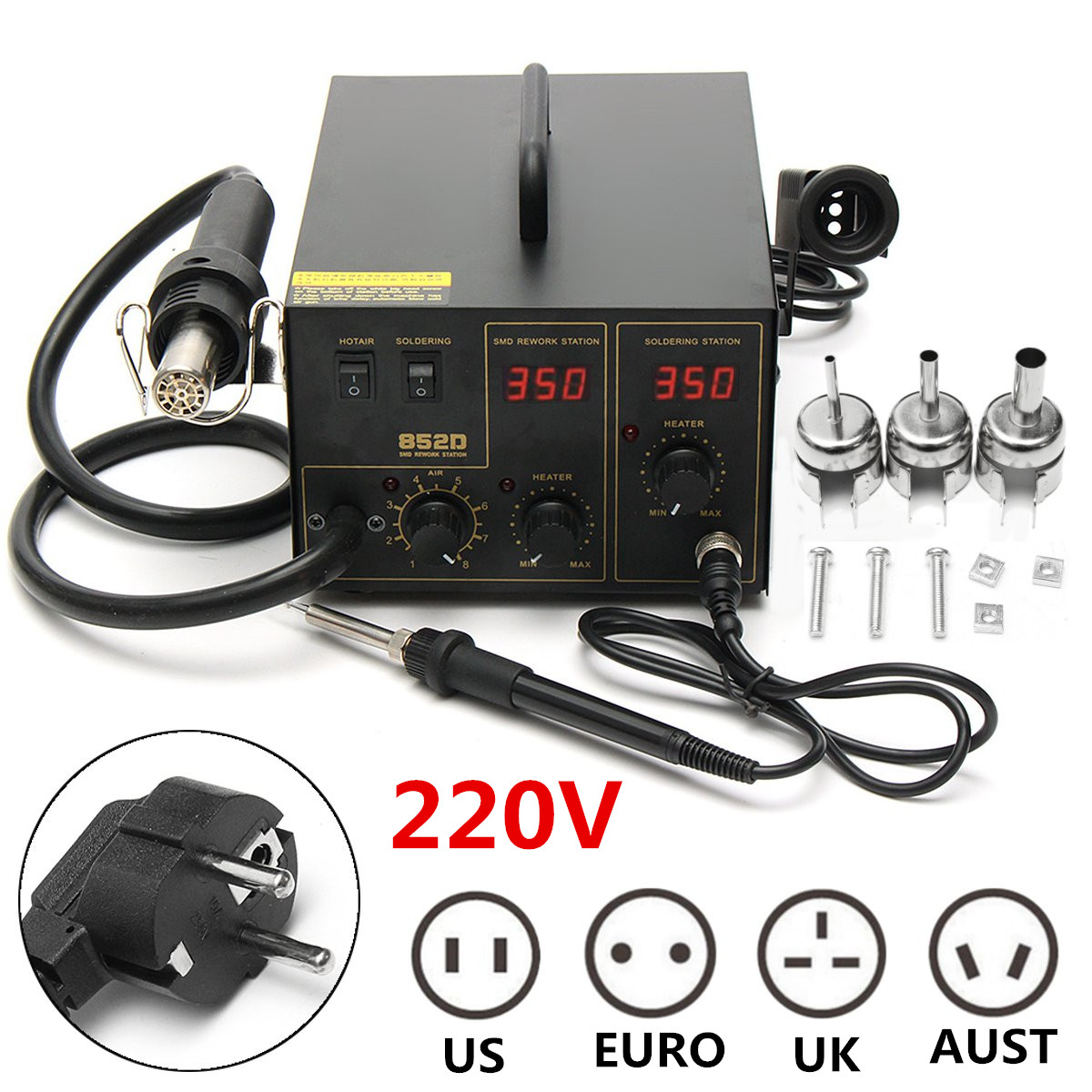 

852D 220V Adjustable Temperature 100°C-600°C Double Display Soldering Rework Station Solder Iron SMD with Hot Air Gun