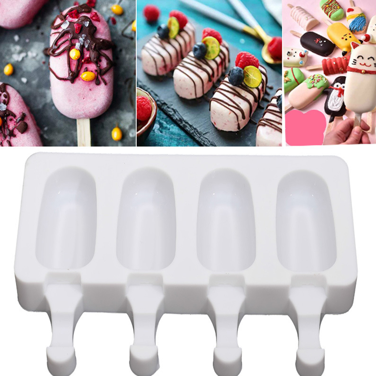

4 Cell Silicone Frozen Ice Cream Mold Juice Popsicle Maker Ice Lolly Pop Mould