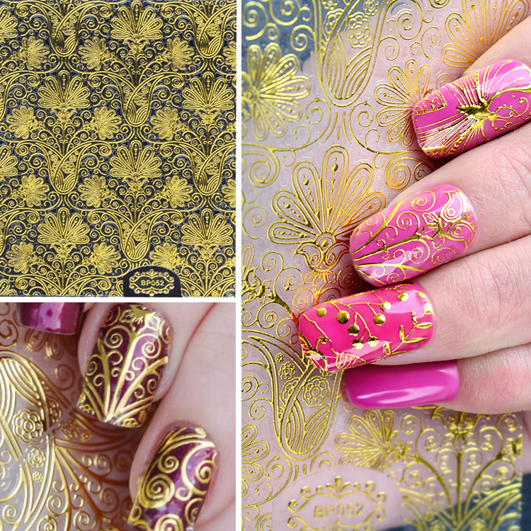 

4 листа 3D Золото тиснением Ногти Наклейки Цветочные цветные наклейки Великолепные DIY Дизайн Маникюр