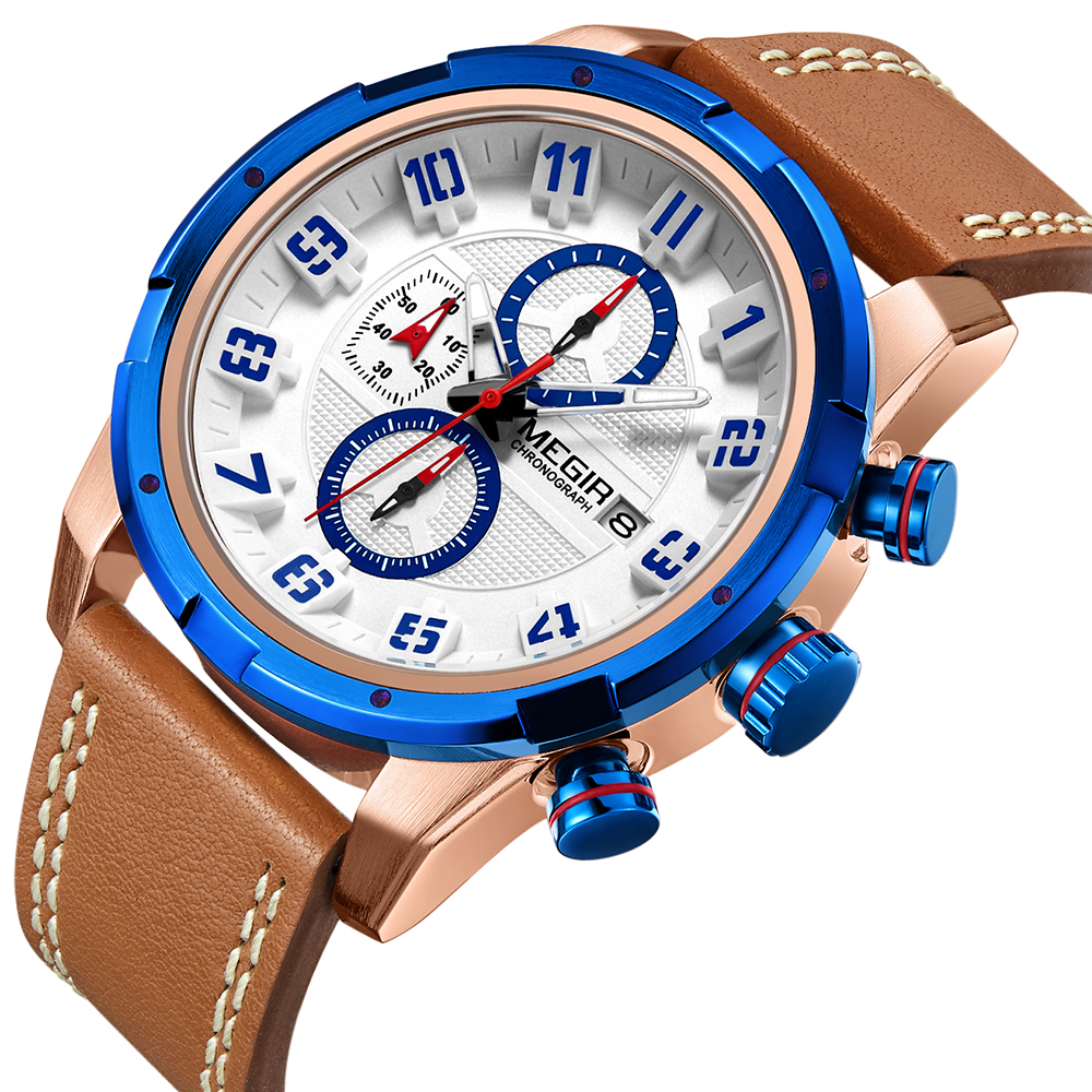 

MEGIR 2082 Waterproof Sport Men Wrist Watch Calendar Leather Strap Quartz Watches