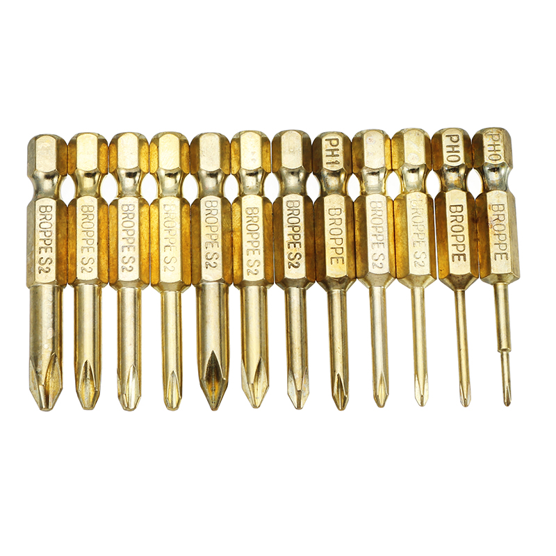 

Broppe 12pcs Gold 50mm 1.6-6.0mm Magnetic Cross Head Screwdriver Bits 1/4 Inch Hex Shank