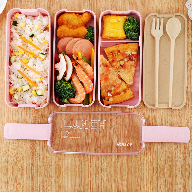 

Creative Green Wheat Lunch Box Wheat Straw Lunch Box 900ml Three-layer Plastic Student Lunch Box With Fork Spoon