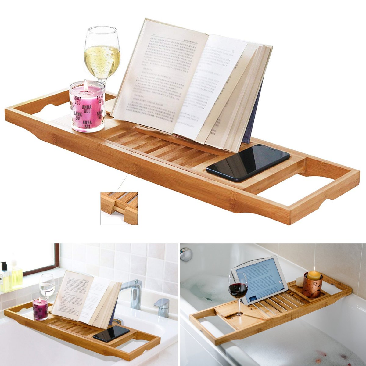Bathtub Bamboo Holder Bathroom Tray Tablets Shelf Book Reading Rack Stand 18