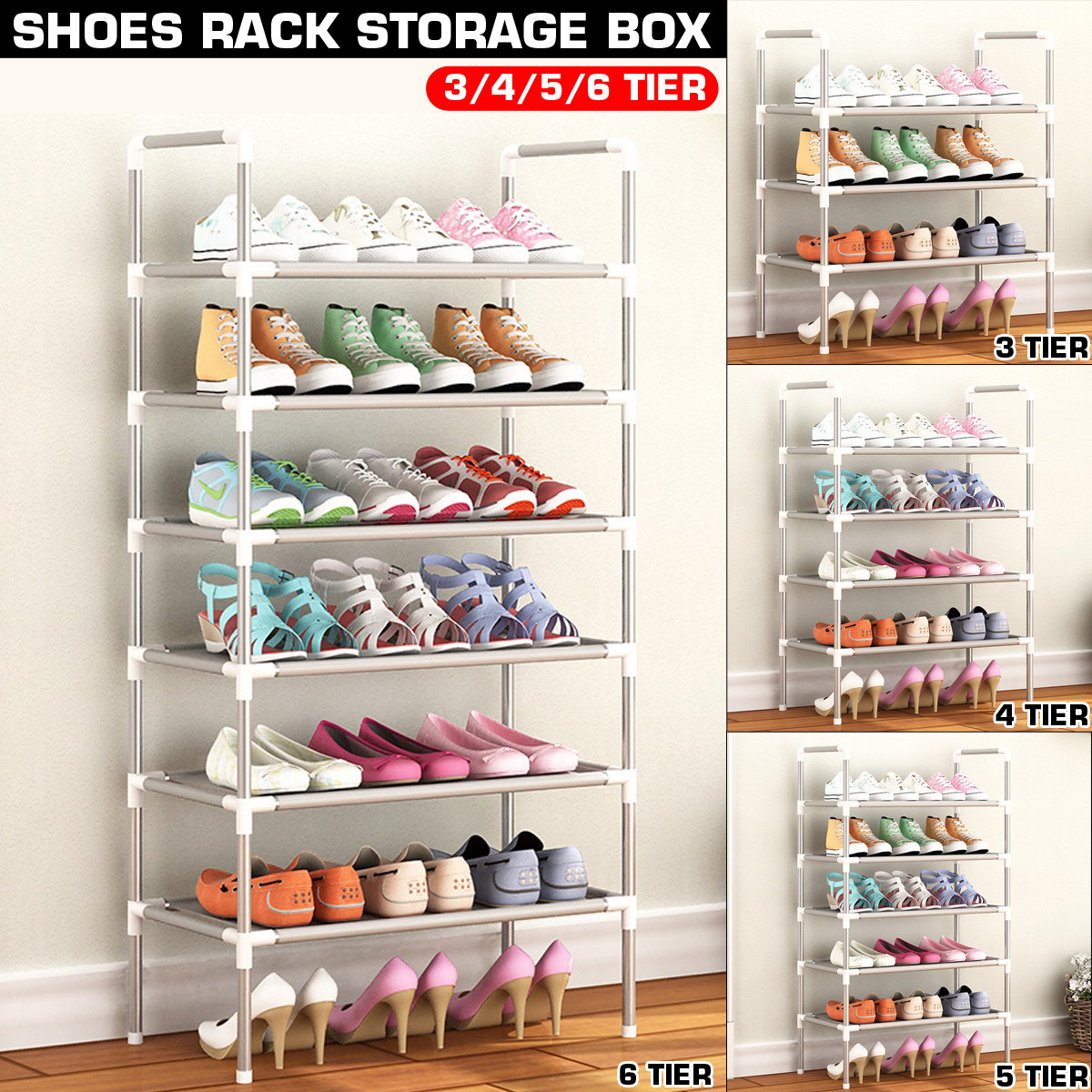 3/4/5/6 Tier Shoe Rack Storage Organiser Stand Shelf Portable Cabinet Holder 18