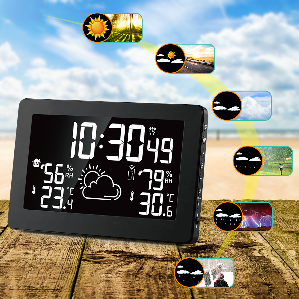 

Wireless Weather Station Temperature Humidity Sensor Colorful LCD Display Weather Forecast RCC Clock In/outdoor Digital Thermometer