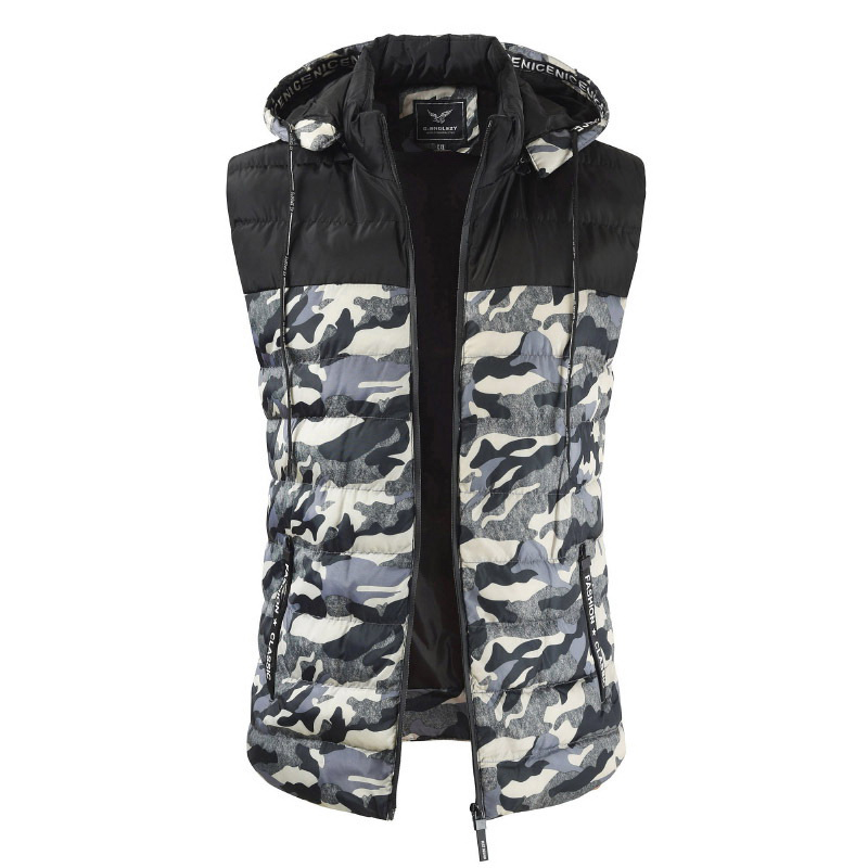 

Mens Camo Patchwork Detachable Hooded Thick Warm Padded Vest