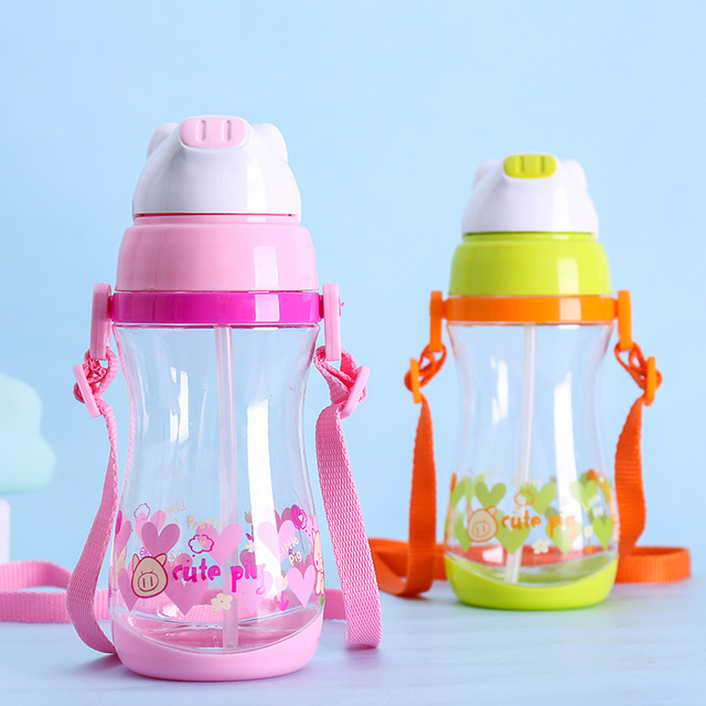 

Children's Water Cup With Straw Men And Women Baby Portable Cute Cartoon Plastic Cup Strap Leakproof Kettle