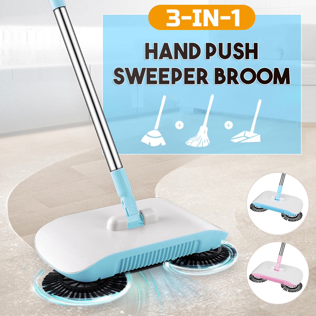 3IN1 Hand Push 360° Spin Broom Sweeper Cleaner Floor Cleaning Mop Household 