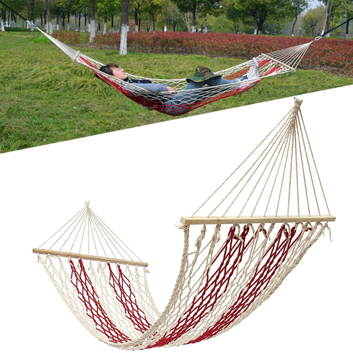 

190x80cm Outdoor Camping Hammock Cotton Rope Swing Hanging Bed Garden Patio Max Load 100kg