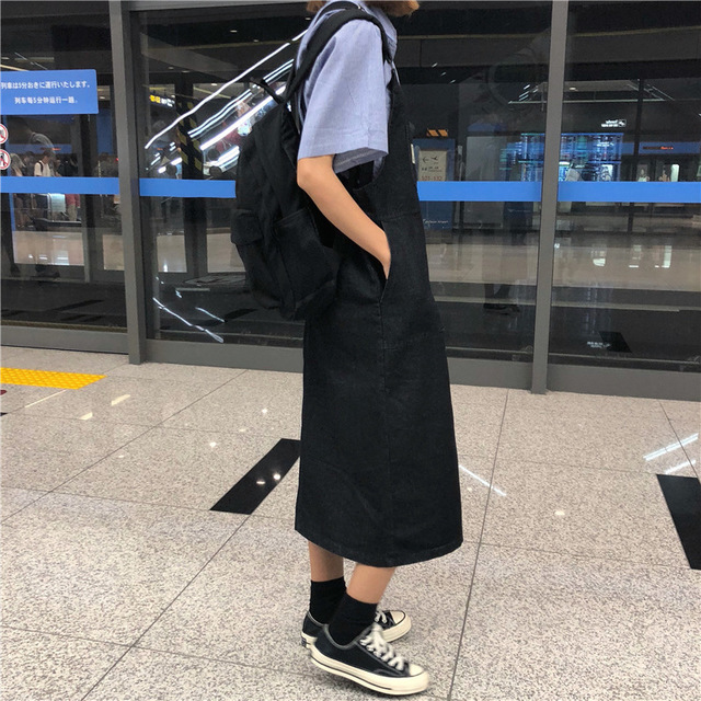 

Yu Gu Yu Loose Casual Pocket Patch In The Long Section Student Denim Strap Skirt Female Ad5689