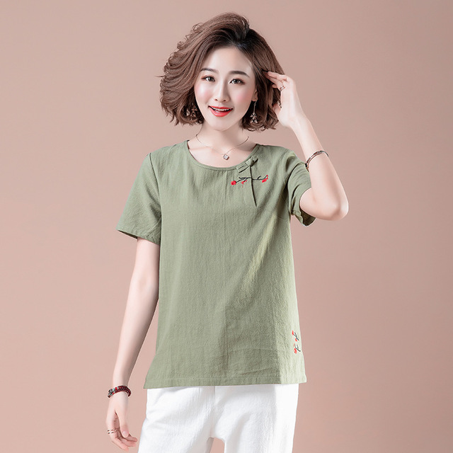 

Fq6616 Short-sleeved T-shirt Female Season Loose Large Size Middle-aged Women's National Wind Wild Cotton Shirt T