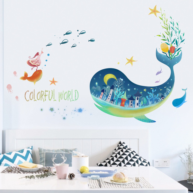 

Мультфильм детская комната спальня милый кит стикер стены мечта Ванная комната Ванная комната аксессуары подводный мир наклейки