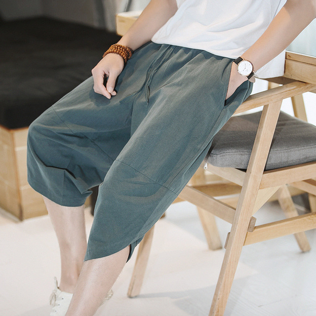 

Men's Cotton And Linen 7 Cropped Trousers Casual Shorts Chinese Style Loose Large Size Harlan Breeches Linen Five Pants