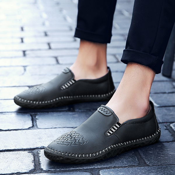 Men comfortable hand stitching leather elastic band slip on oxfords ...