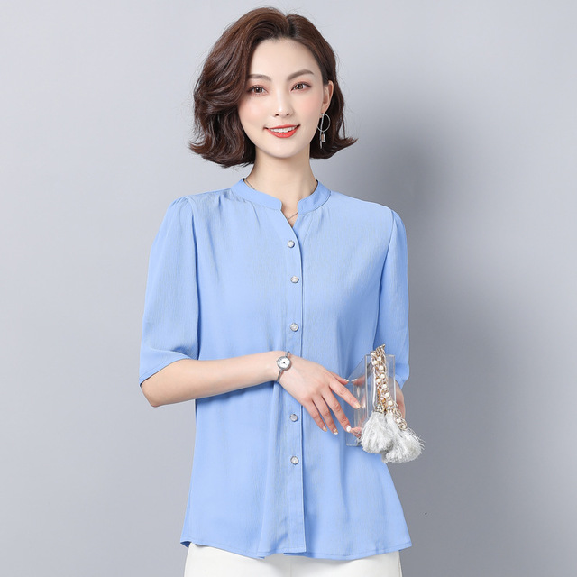 

Stand Collar Short-sleeved Chiffon Shirt Shirt Temperament Middle-aged Mother Loaded Shirt Women's Season New Loose Large Size Bottoming Shirt