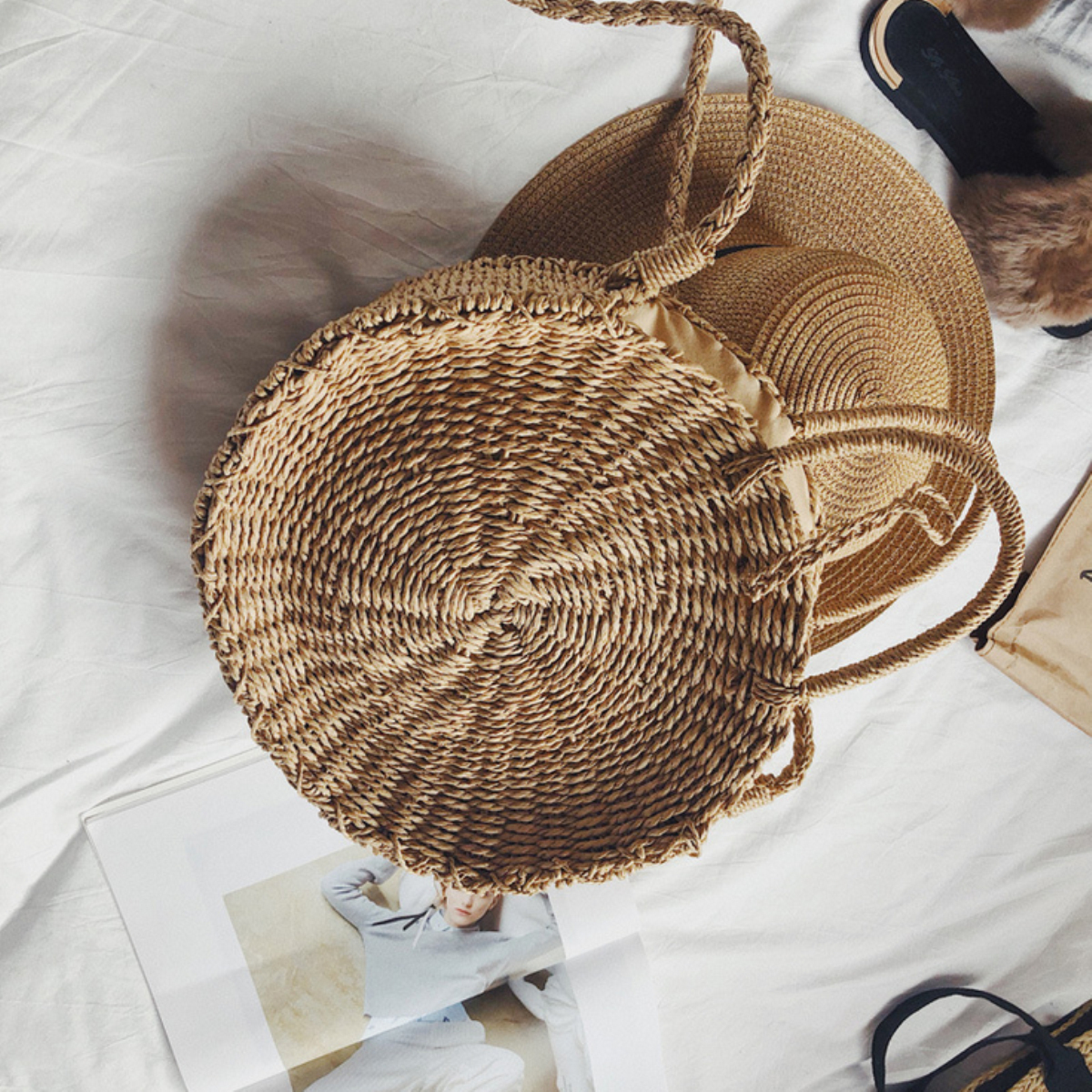 Women Hand Woven Bag Round Rattan Straw Bohemia Style Beach Circle Beach Bags—10