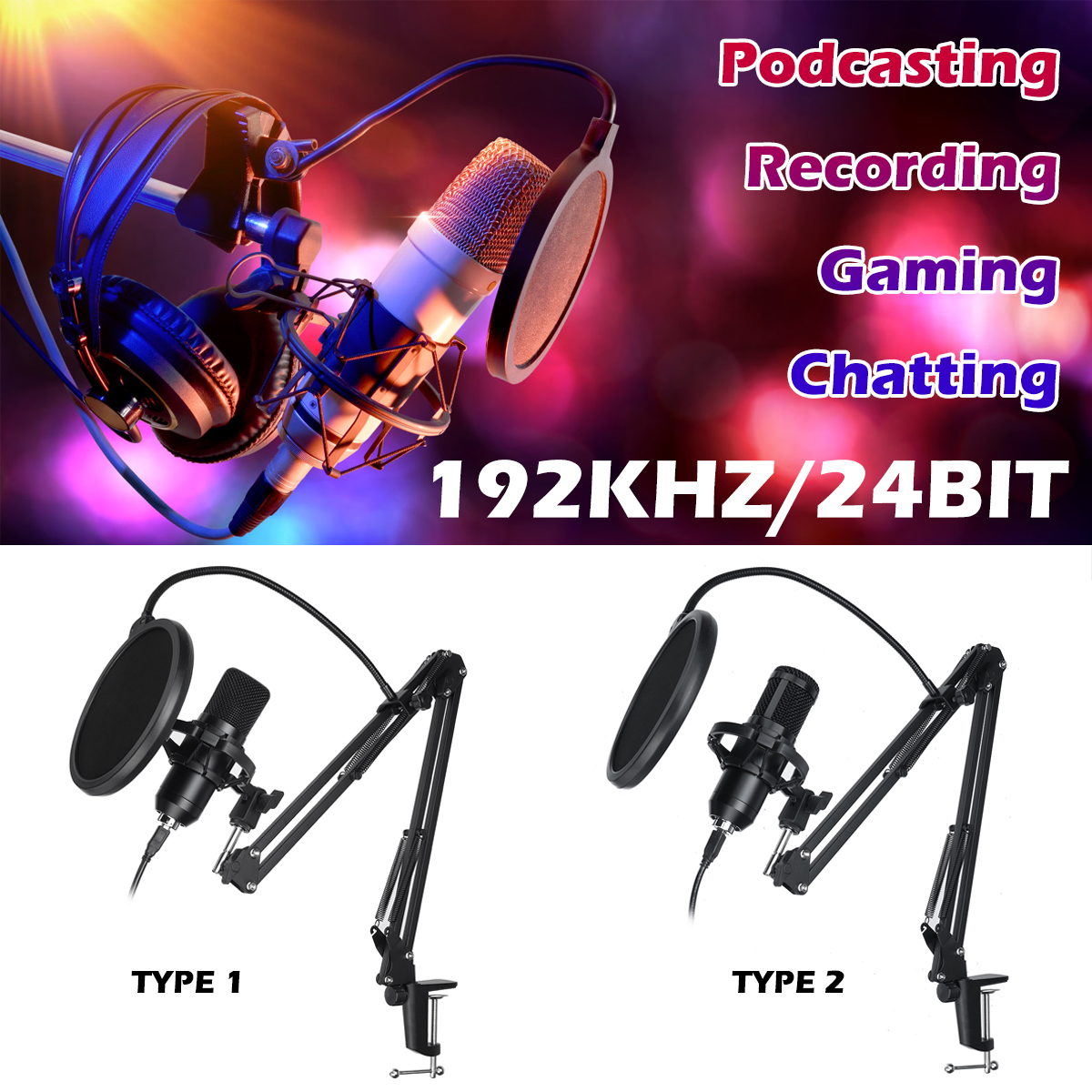 Find USB 48KHZ/192KHZ Condenser Microphone Cardioid Pattern HiFi Noise Reduction Microphone with Stable Tripod for Sale on Gipsybee.com with cryptocurrencies