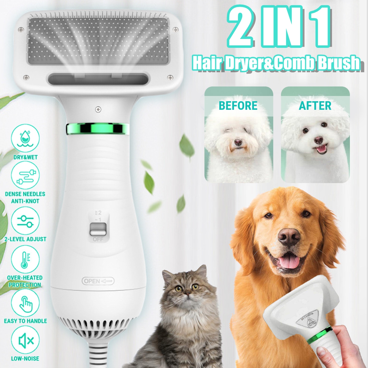 2 in 1 pet grooming hair dryer blower with slicker slicker brush adjustable temperature low