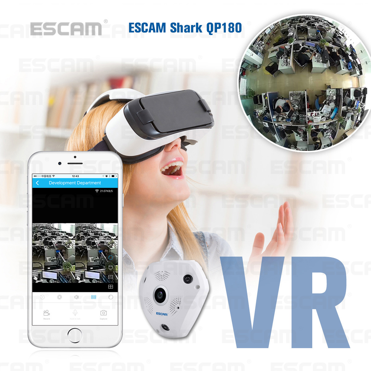 Telecamera 360° ESCAM Fisheye VR QP180 Shark 960P IP WiFi Camera 1.3MP Visione Notturna a Infrarossi 12