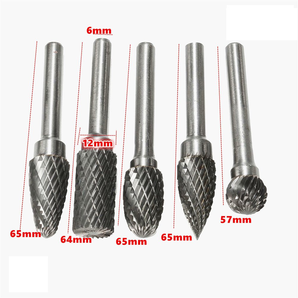 Drillpro RB13 5pcs 12mm Head Tungsten Carbide Rotary File Burr Die 6mm Shank for Rotary Drill