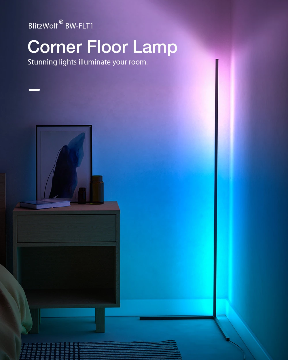 BlitzWolf® BW-FLT1 Corner Floor Lamp with RGB Colorful Lighting Effect 68 Dynamic Light Modes RF Remote Control Designed for Corners and Stable Structure