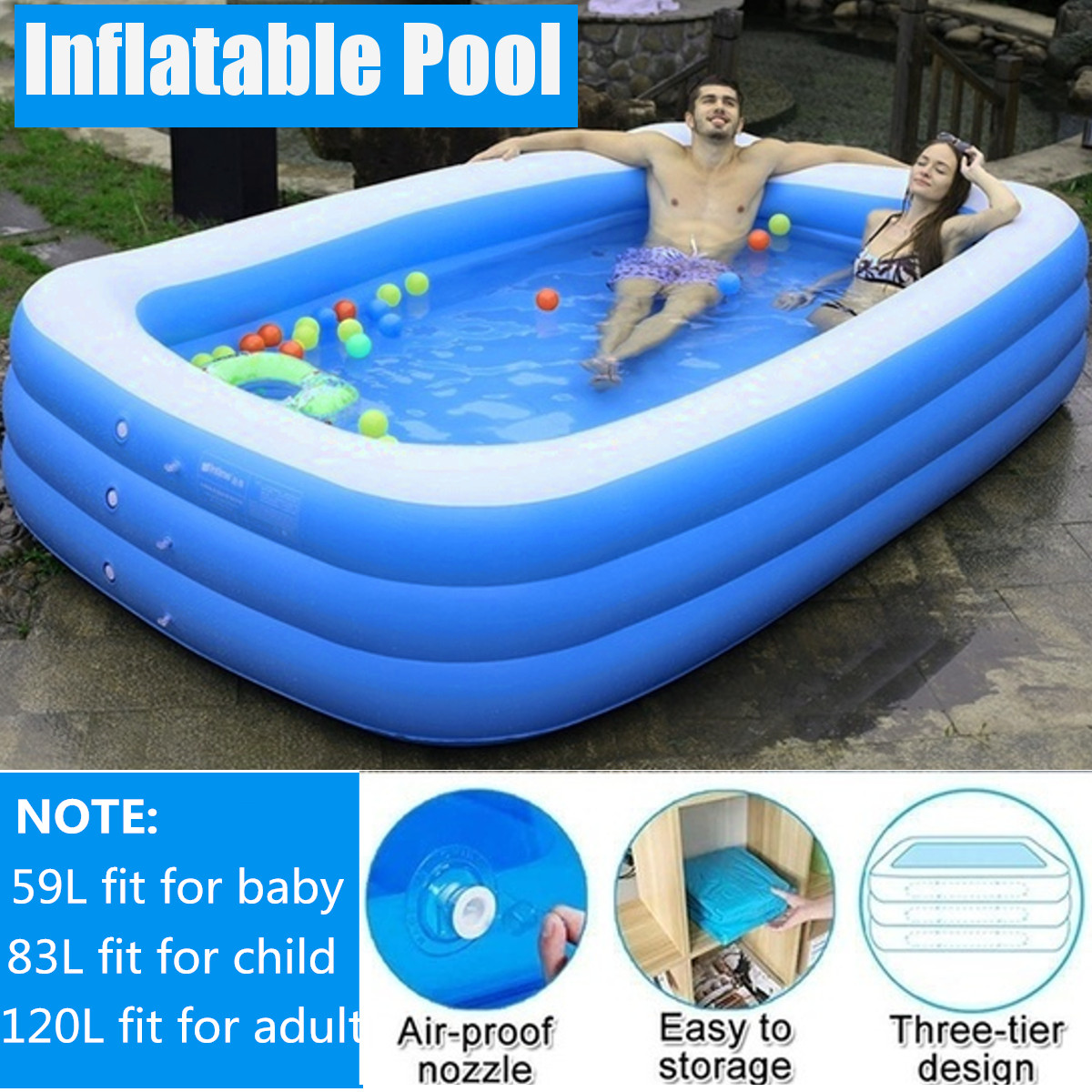 1.5/2.1/3.05M 3 Layers Portable Inflatable Swimming Pool Adults Kids Bath Bathtub Foldable Outdoor Indoor Bathroom SPA 40