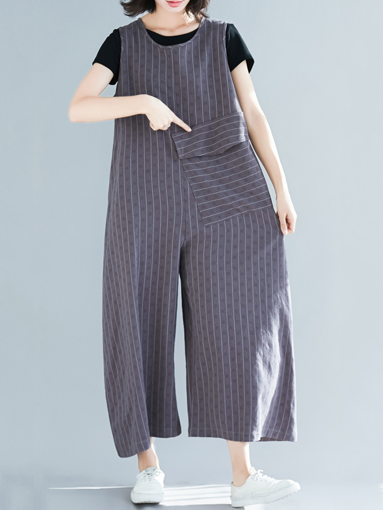 

Women Casual Stripe Sleeveless Pocket Overall Jumpsuit