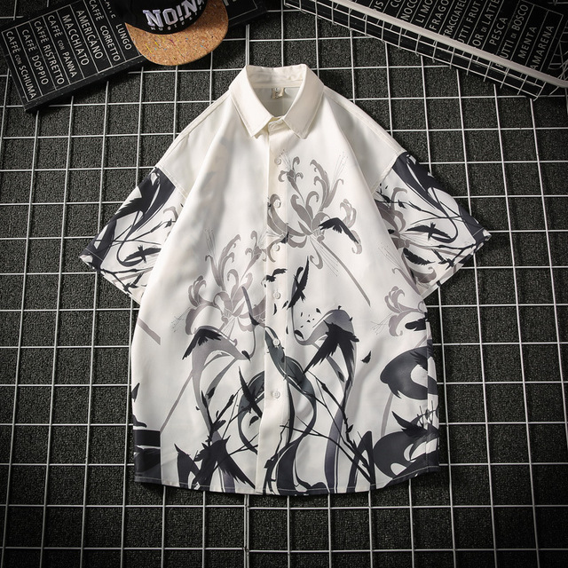 

Сезон новый японский случайный пара большого размера с короткими рукавами Рубашка мужская тенденция красивый с семью точками рукав печат