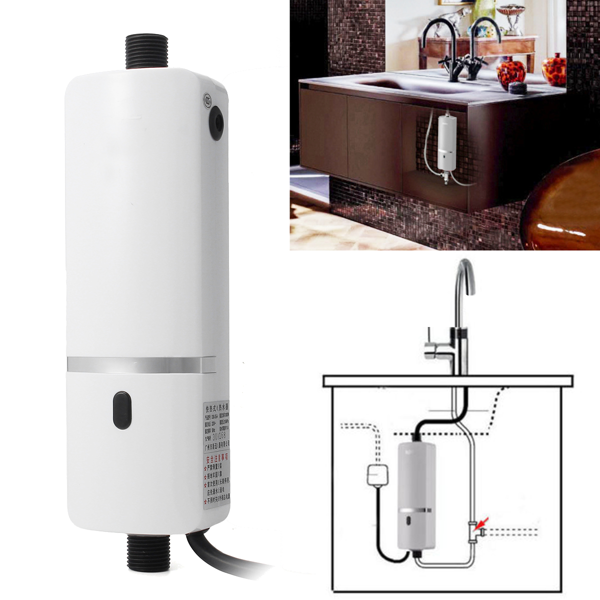 220v 3000w Instant Electric Tankless Water Heater Shower System Under Sink Tap Faucet