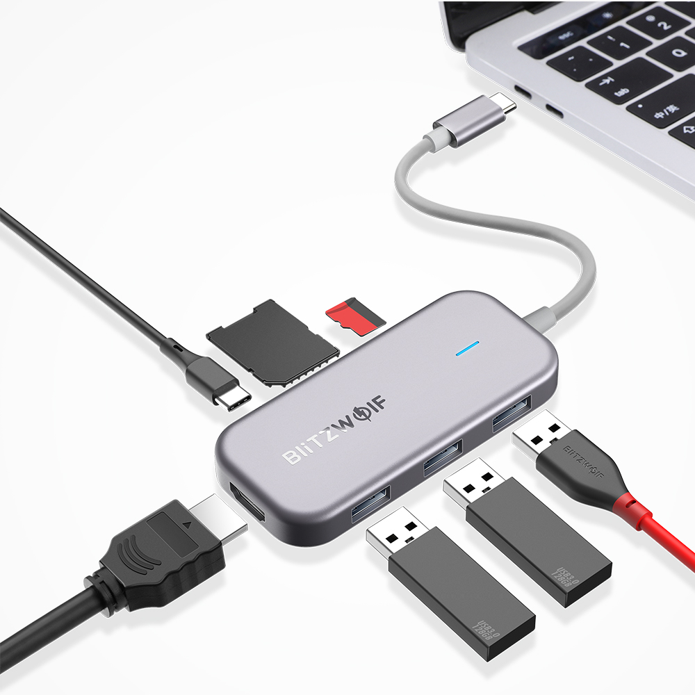 

BlitzWolf® BW-TH5 7 in 1 USB-C Data Hub with 3-Port USB 3.0 TF Card Reader USB-C PD Charging 4K Display for MacBooks Notebooks iPad Pros
