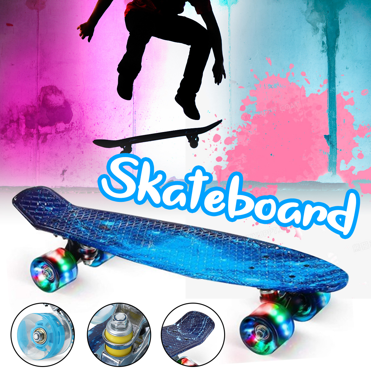 Girls and Beginners for Kids GYMAX Mini Cruiser Skateboard Boys 22 Complete Retro Plastic Skateboards with Light Up Wheels 