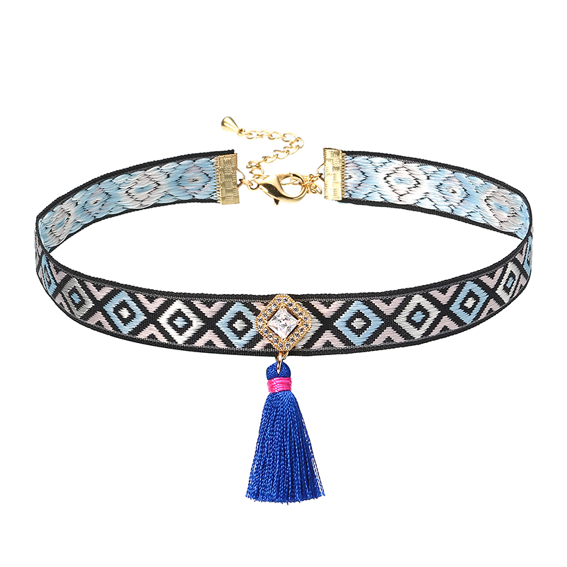 

JASSY® Богемианский многоцветный вышивальный чокер Позолоченный белый циркон Blue Tassel Necklace