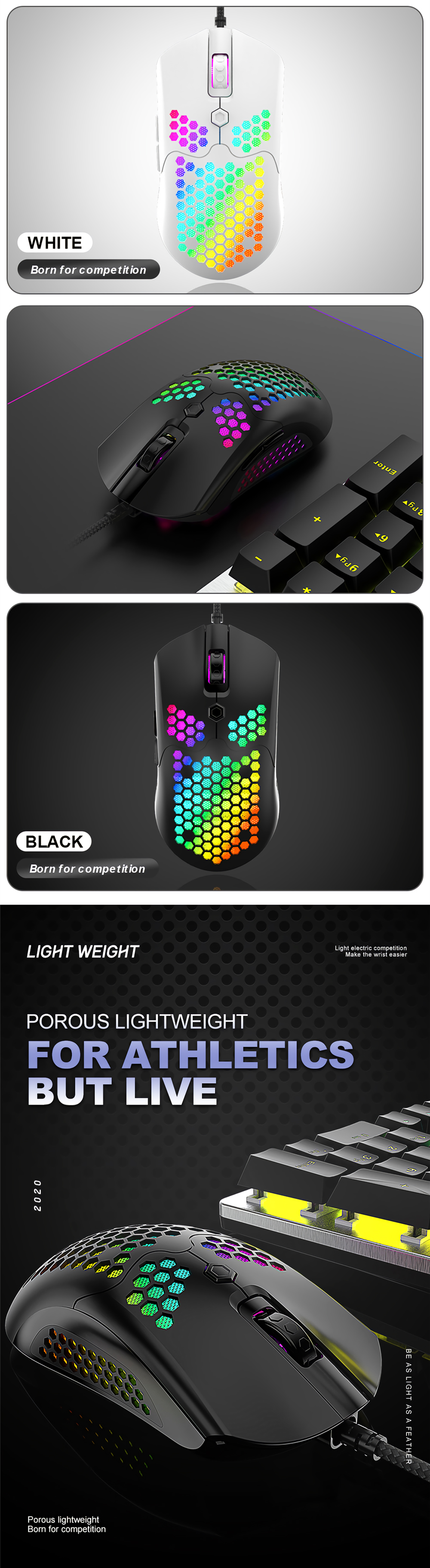 Free-wolf M5 Wired Game Mouse Breathing RGB Colorful Hollow Honeycomb Shape 12000DPI Gaming Mouse USB Wired Gamer Mice for Desktop Computer Laptop PC 5