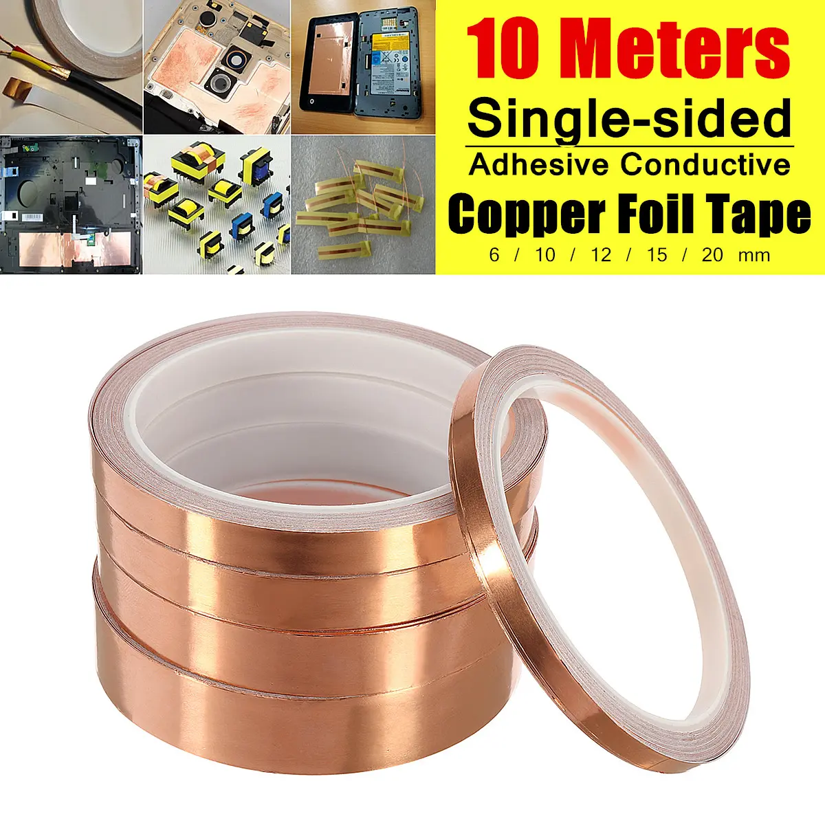 10M Adhesive Conductive Copper Foil Tape Single-sided Copper Slug Roll Tape Width 6/10/12/15/20mm
