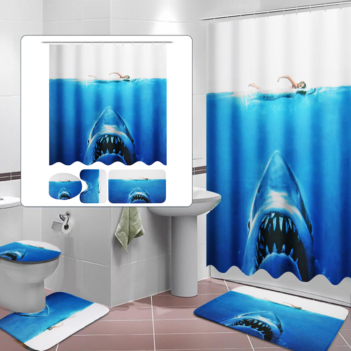 

Глубоководная акула 3D-печать Ванная комната Занавеска для душа Унитаз Коврик с противоскользящим ковриком