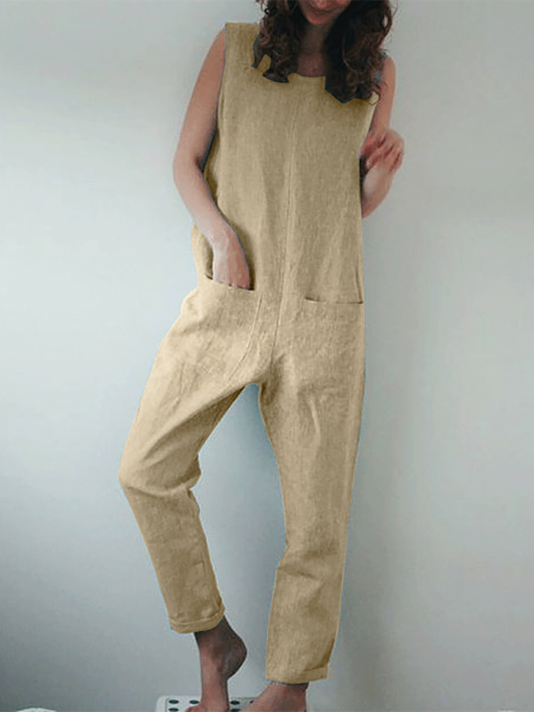 

Women Cotton Solid Color Pockets Back Zipper Jumpsuit