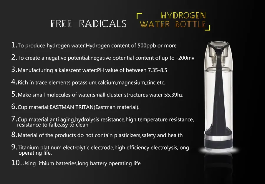 Portable USB Rechargable Hydrogens Rich Water Ionizer Maker Bottle Cup H2 USB Cable