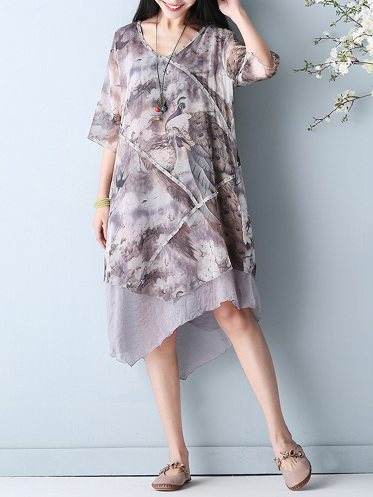 

Chinese Style Printed Double Layers Women Dress
