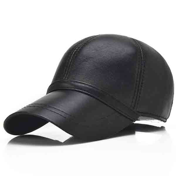 

Men Genuine Sheepskin Leather Baseball Cap Solid Black Adjustable Sport Visor Hats