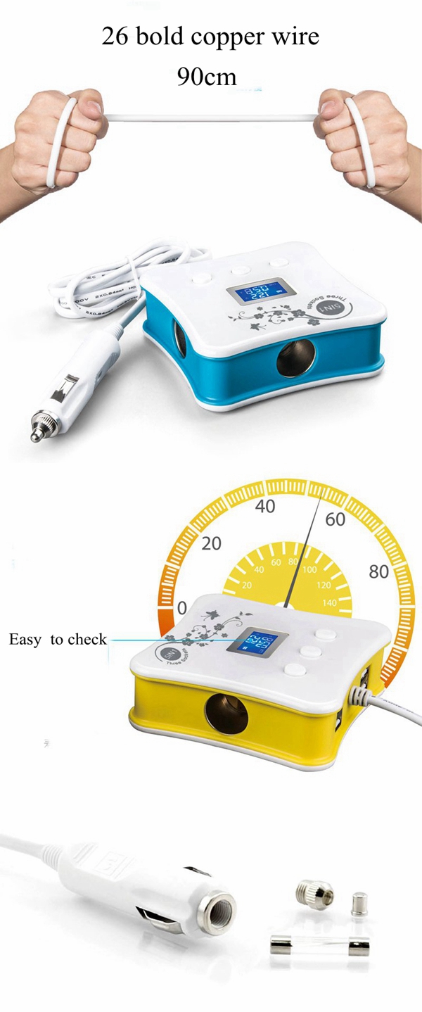 Car Cigarette Lighter Current Voltage Temperature Display 4 USB Ports Charger