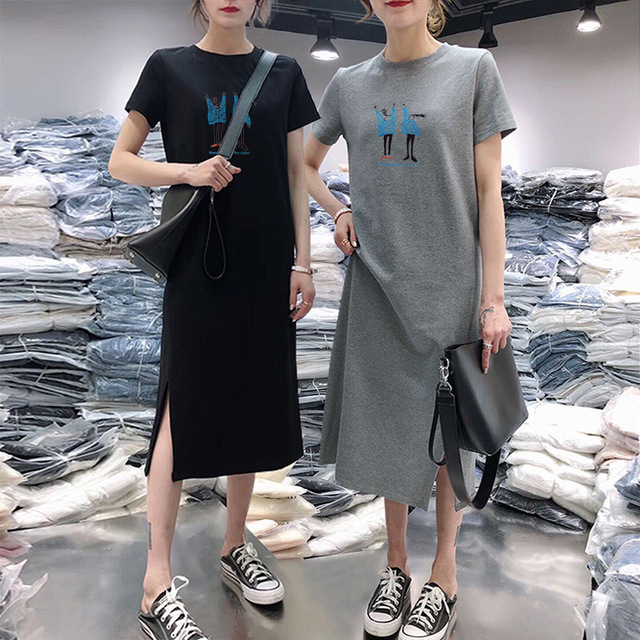 

Season New Cute Age-reducing Students Loose Short-sleeved Women's T-shirt Skirt Card Through The Knee Dress In The Long Section Of The Tide