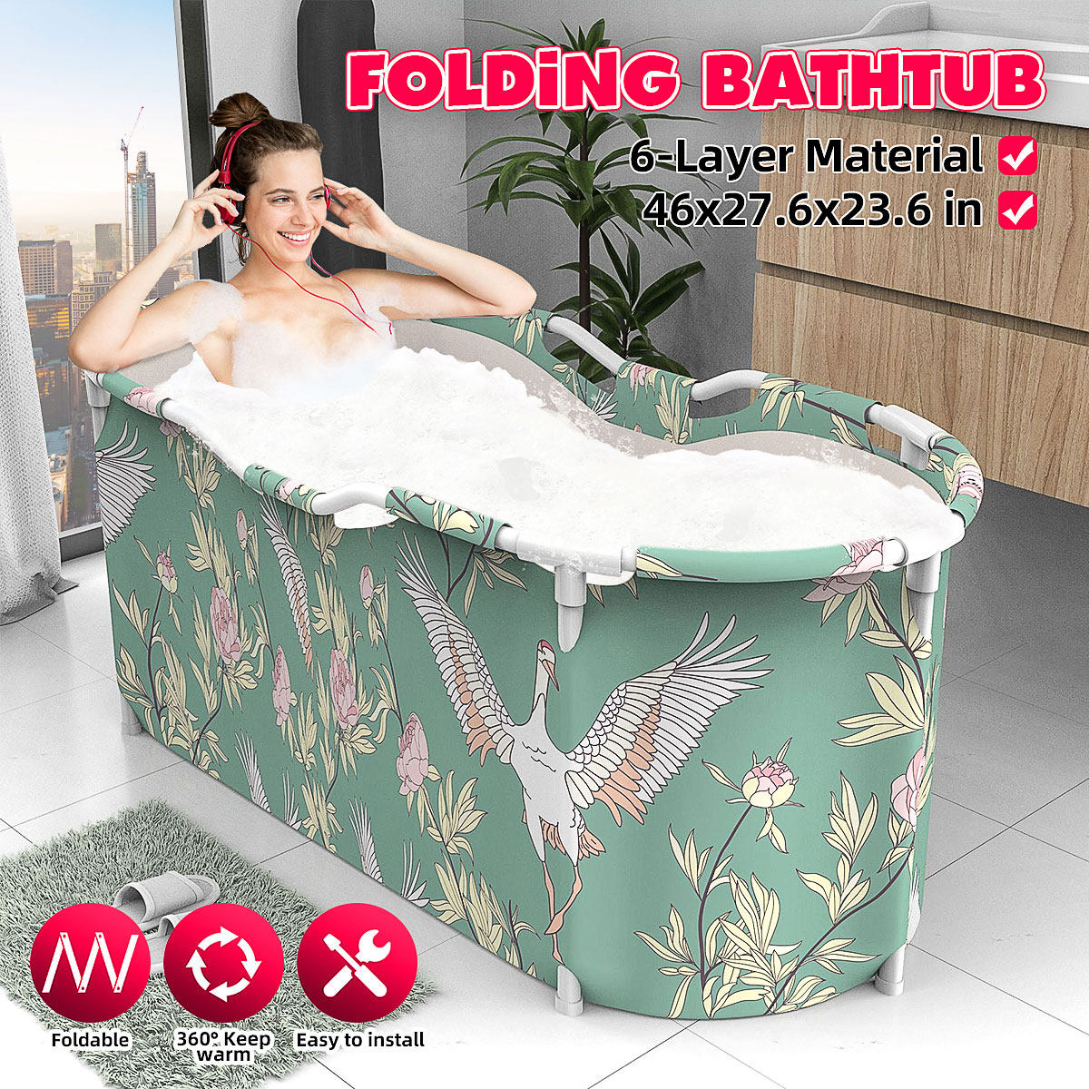 46x27.6x23.6 inch Portable Bathtub Folding Water Tub Indoor Outdoor Room Adult Spa Foldable Bath Bucket 13