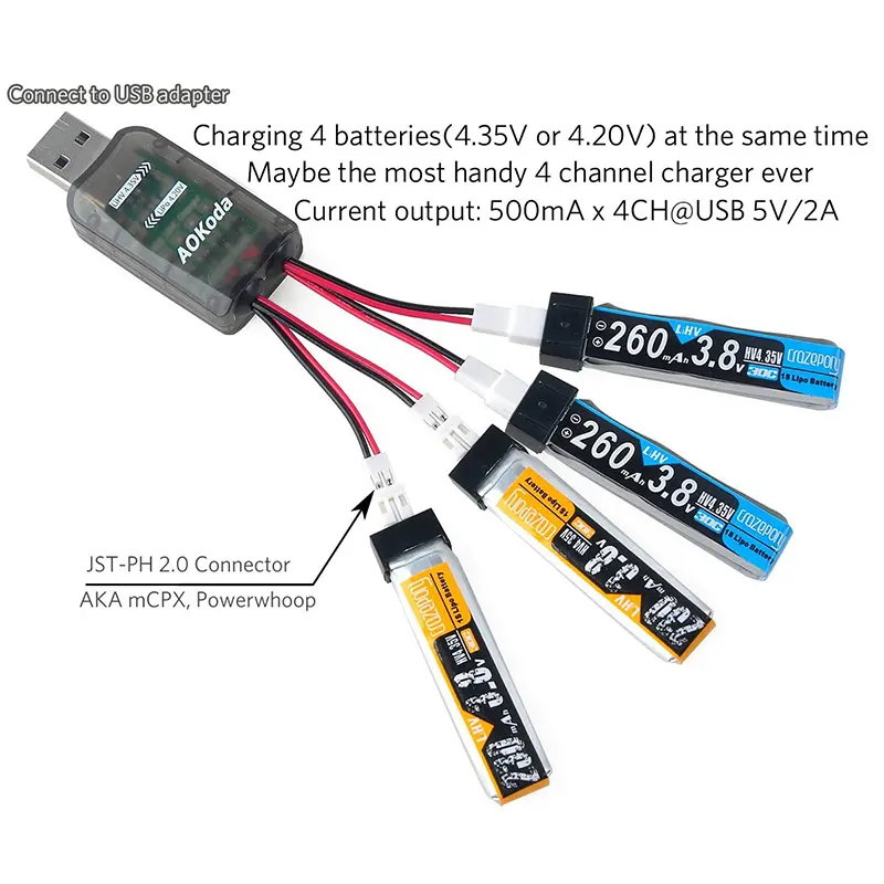 AOKoda CX405 4CH Micro USB Battery Charger For 1S E010 Tiny Whoop Lipo LiHV Battery 