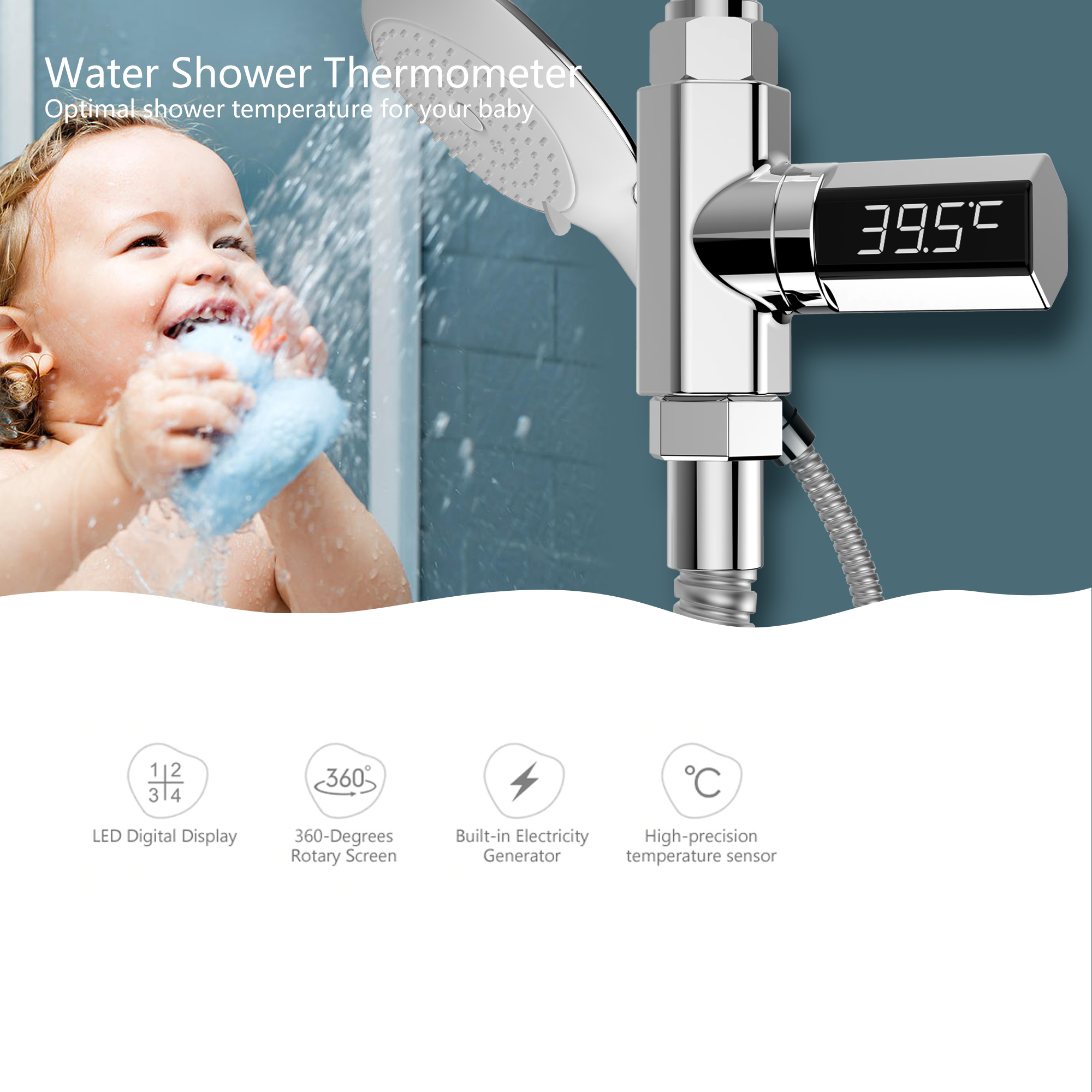 Loskii LW-102 LED Celsius Display Water Shower Thermometer Celsius Flow Self-Generating Electricity Water Temperture Meter Monitor Energy Smart Meter 7